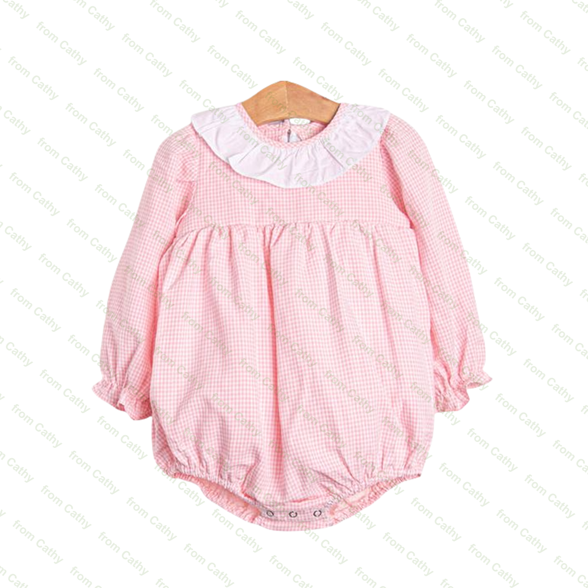 Tiny pink gingham printed cotton baby girls bubble romper long sleeve winter ruffle collar infant toddler girl bodysuit