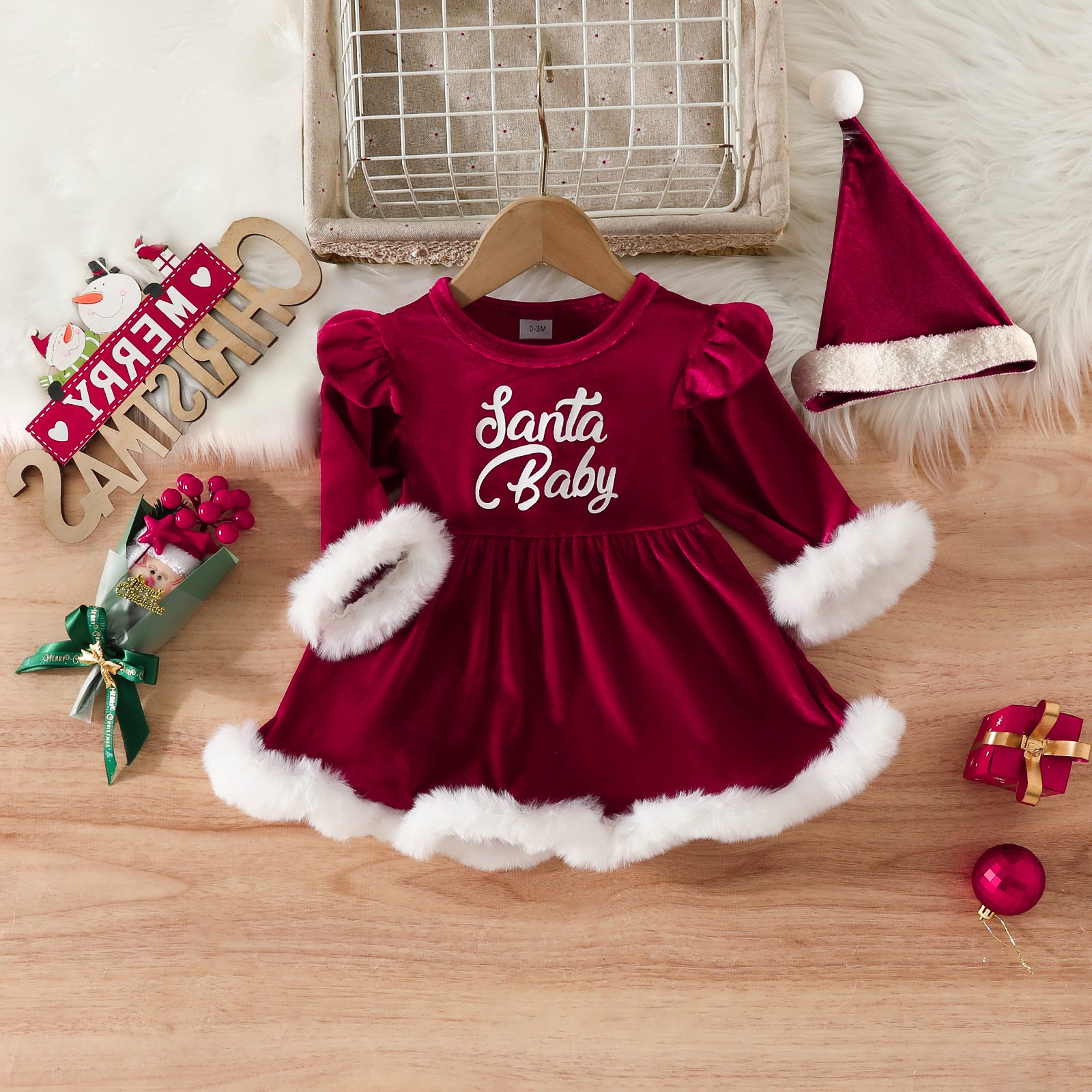 Winter Christmas Kids Long Sleeve Baby Rompers 2pcs Sets High Quality 0-24m New Born Babies Clothes Birthday Party Dresses