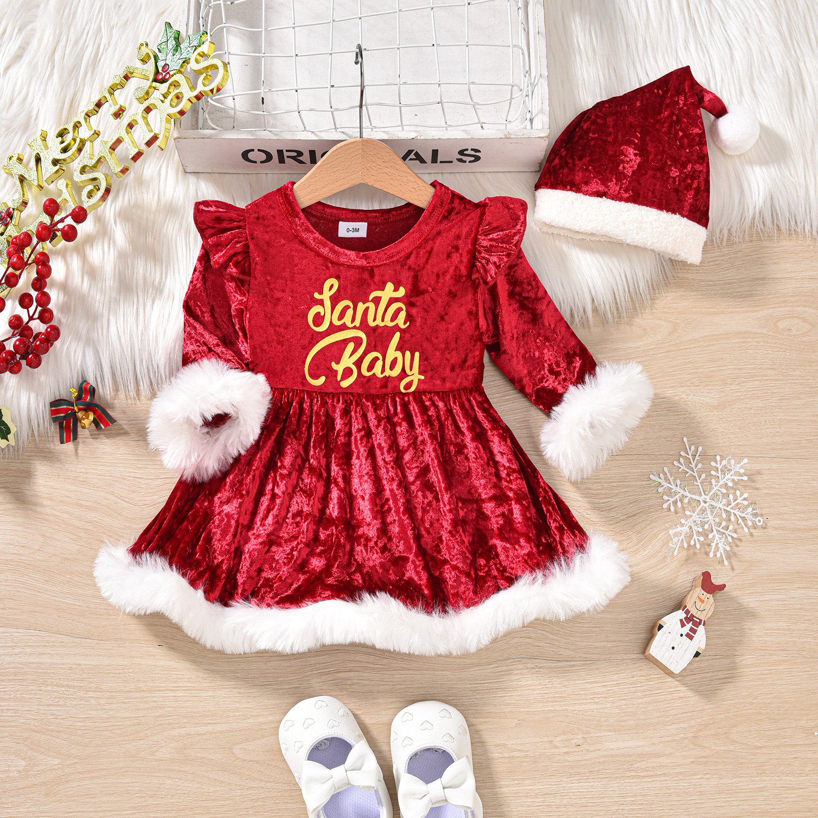 Winter Christmas Kids Long Sleeve Baby Rompers 2pcs Sets High Quality 0-24m New Born Babies Clothes Birthday Party Dresses