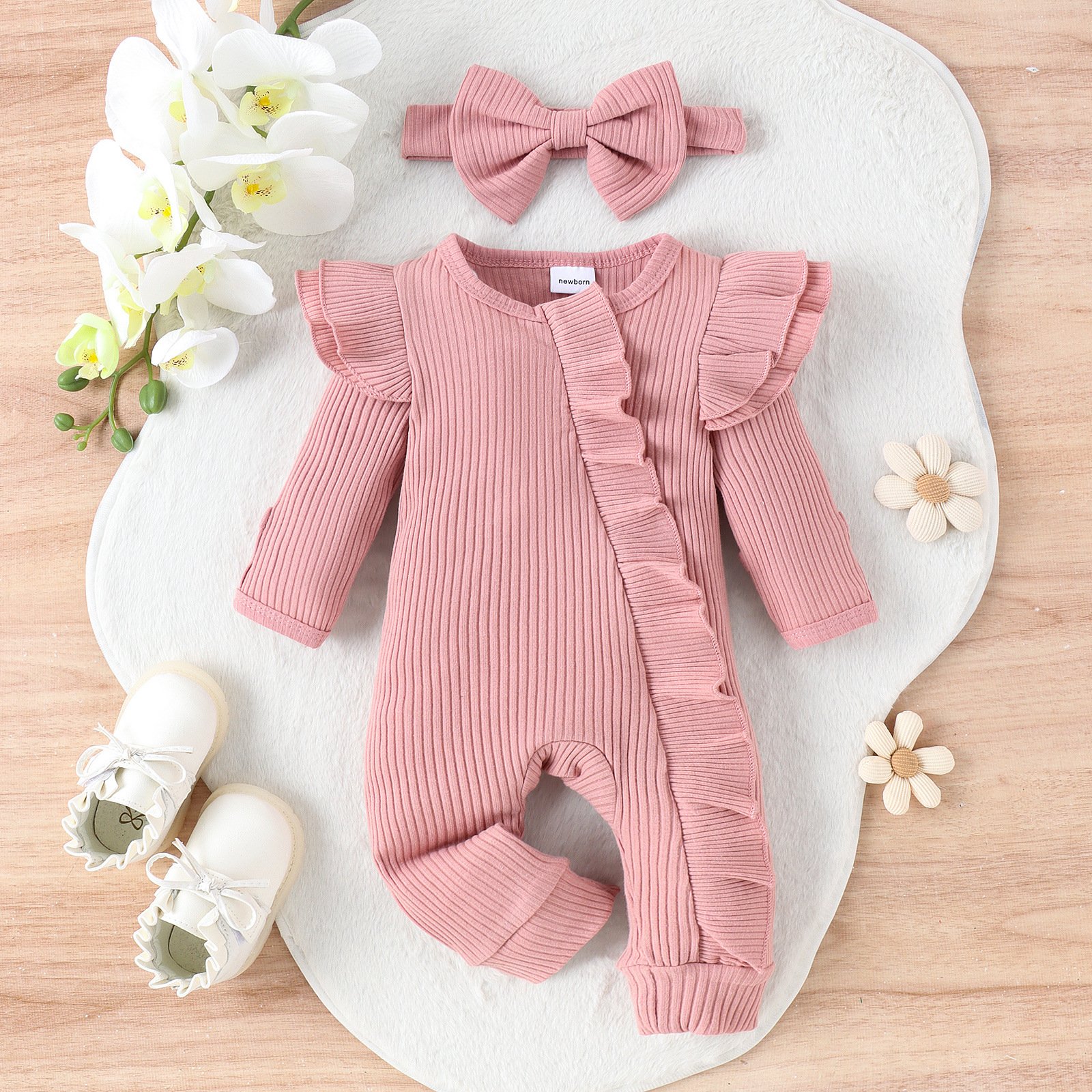 Rarewe ODM OEM Newborn Girls Baby Jumpsuit Solid Long Sleeve Zipper Organic Cotton Ruffle Baby Rompers With Headband