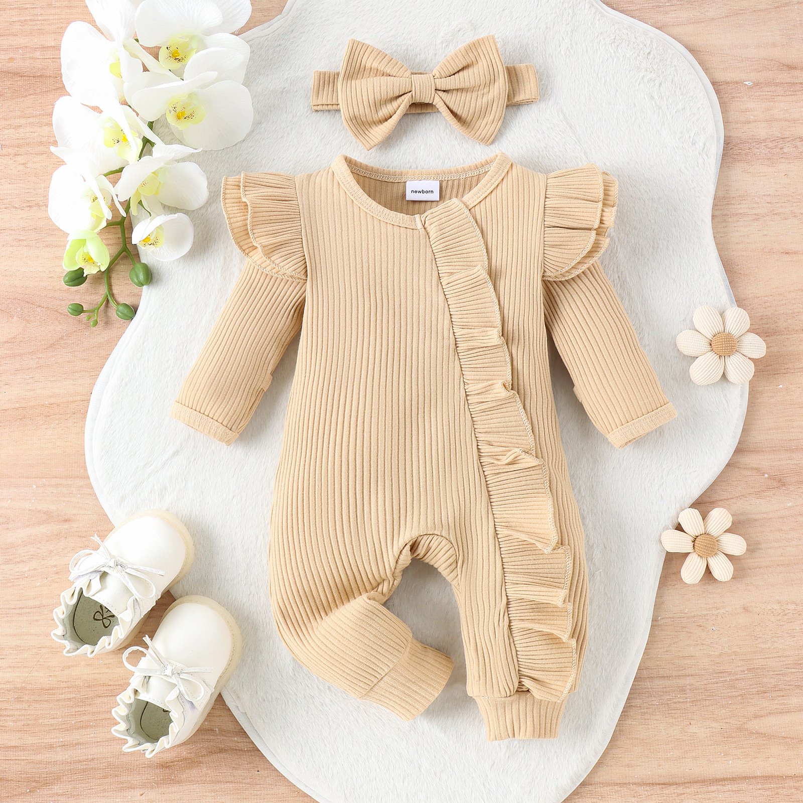 Rarewe ODM OEM Newborn Girls Baby Jumpsuit Solid Long Sleeve Zipper Organic Cotton Ruffle Baby Rompers With Headband
