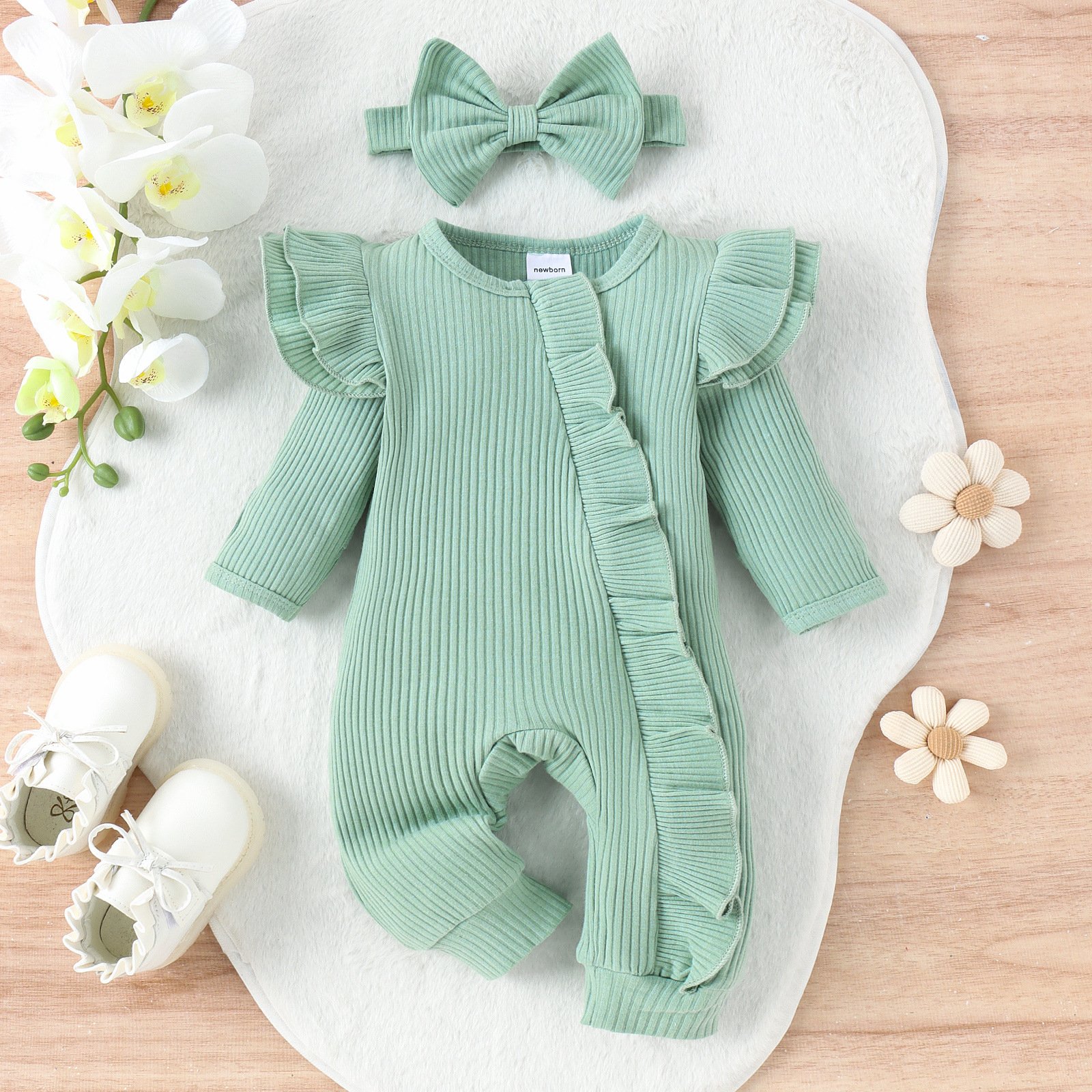 Rarewe ODM OEM Newborn Girls Baby Jumpsuit Solid Long Sleeve Zipper Organic Cotton Ruffle Baby Rompers With Headband