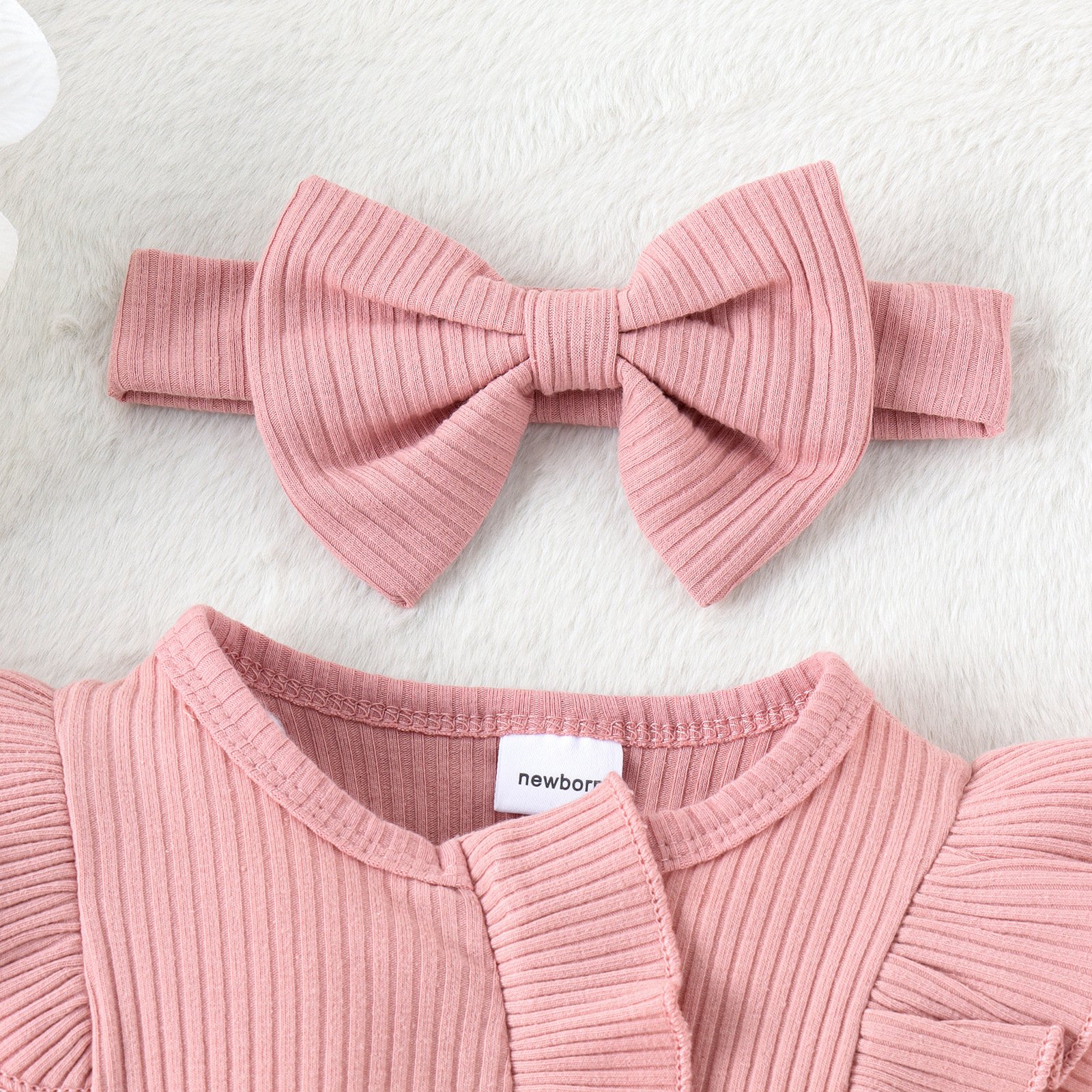 Rarewe ODM OEM Newborn Girls Baby Jumpsuit Solid Long Sleeve Zipper Organic Cotton Ruffle Baby Rompers With Headband
