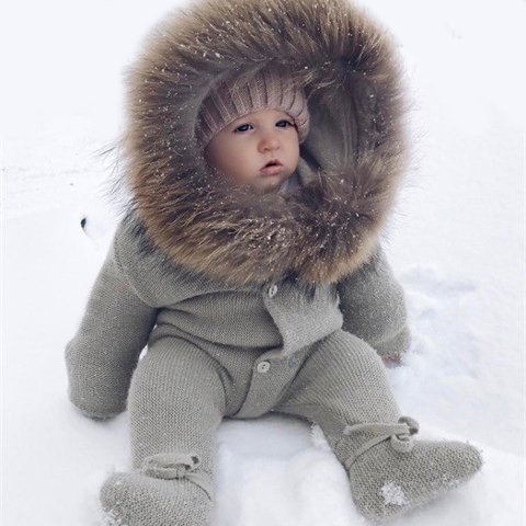 BEIBEIHAPPY Wholesale Big Fur Collar Warm Winter Baby Bodysuits Ribbed Cotton Organic 0utdoor Infant Romper