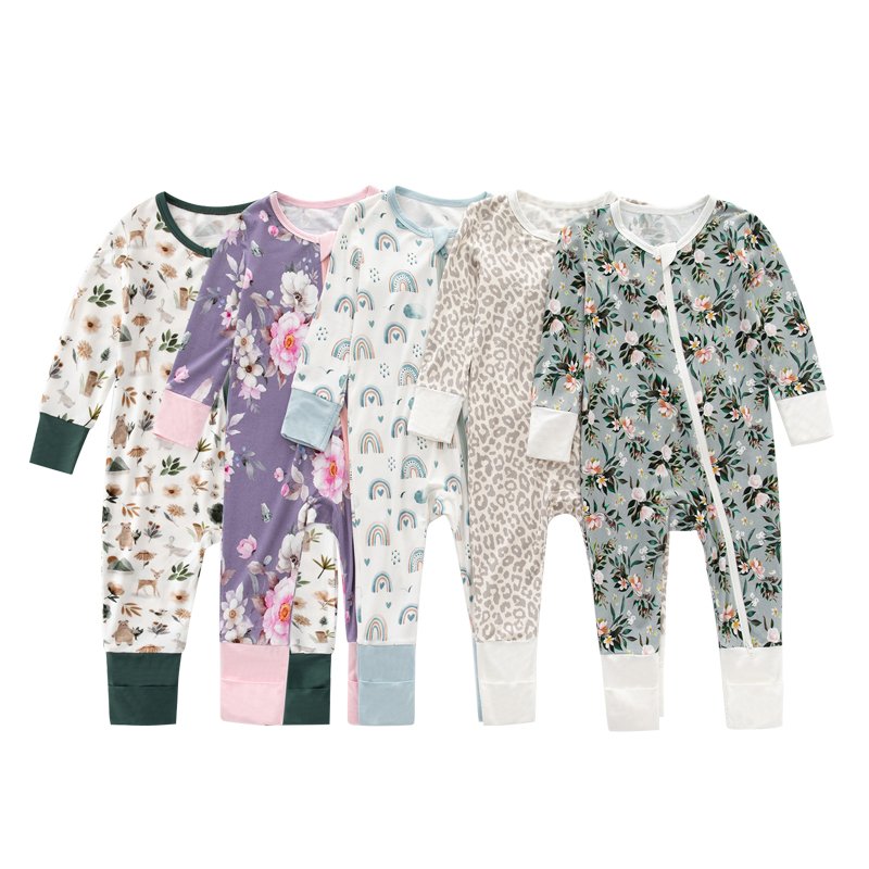 AustinBella custom organic cotton viscose rayon soft printed foot Jumpsuit romper onesies zipper bamboo baby clothes