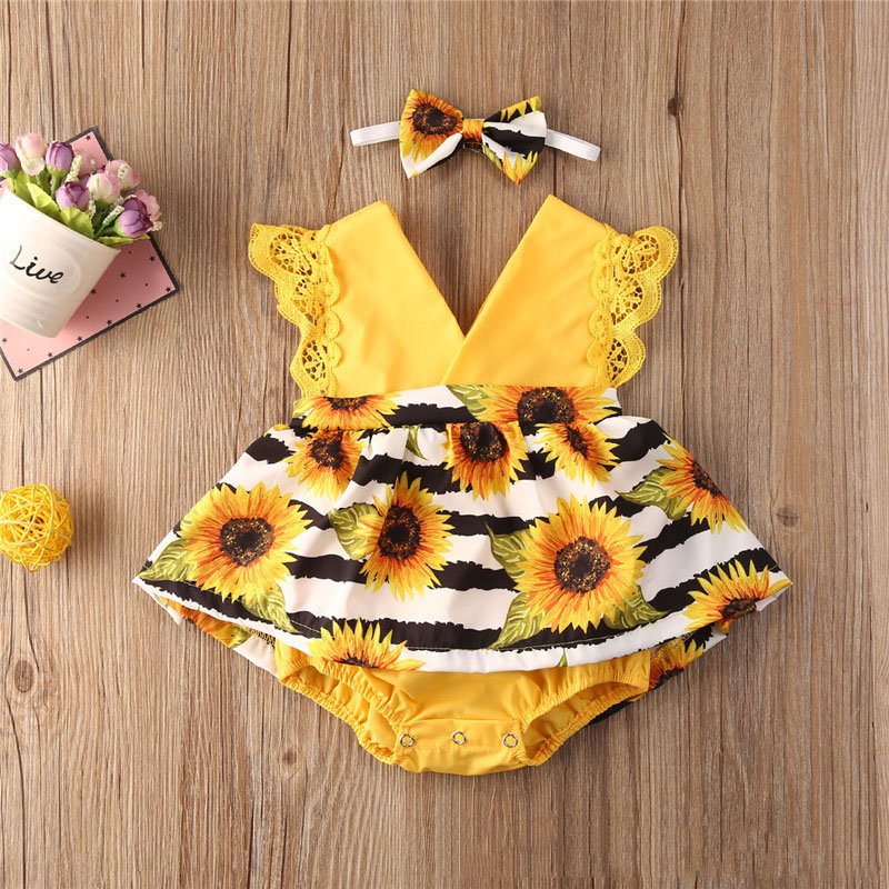 Wholesale cute lace romper infant dresses sleeveless Sunflower baby romper infant girls lace rompers