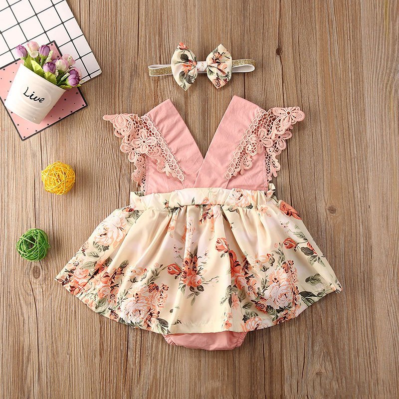Wholesale cute lace romper infant dresses sleeveless Sunflower baby romper infant girls lace rompers