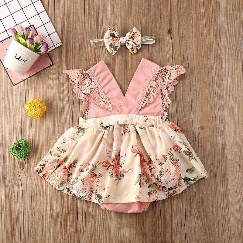 Wholesale cute lace romper infant dresses sleeveless Sunflower baby romper infant girls lace rompers