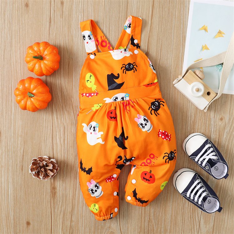 toddler boy girl pumpkin ghost printed outfits suspender long pants jumpsuit halloween baby romper