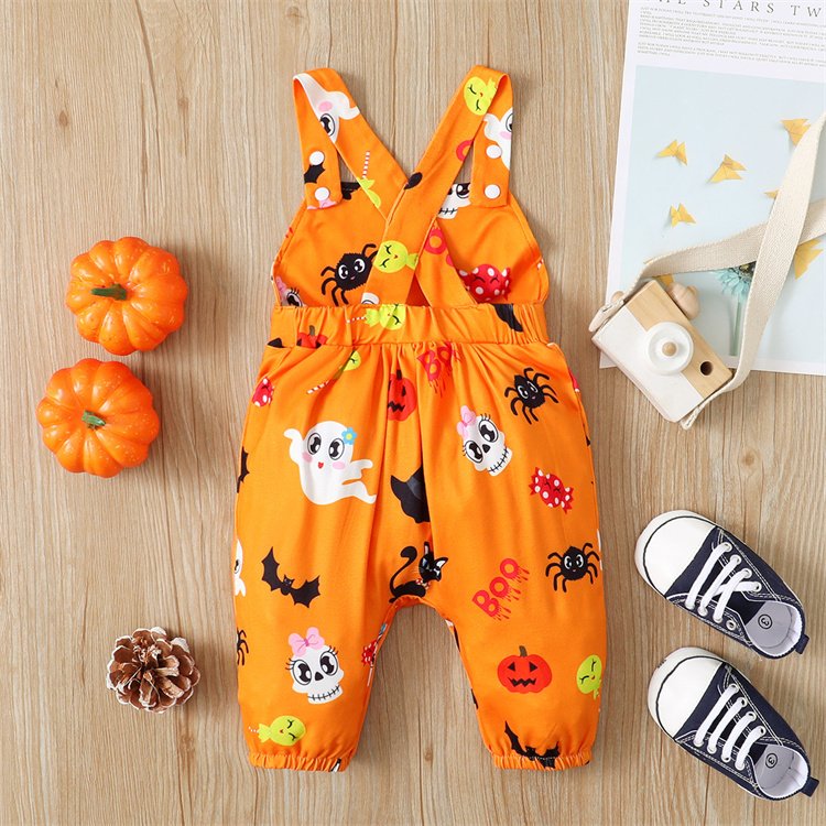 toddler boy girl pumpkin ghost printed outfits suspender long pants jumpsuit halloween baby romper