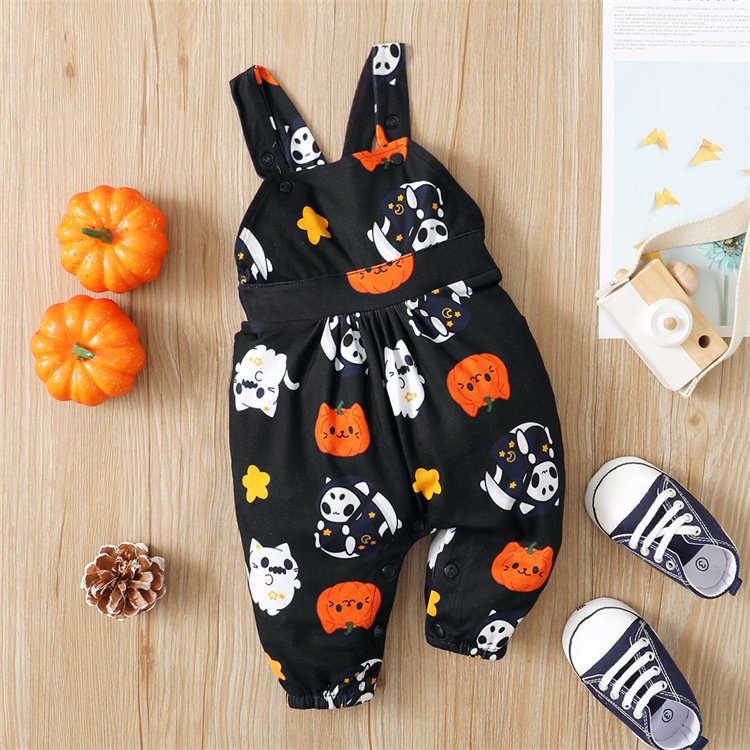 toddler boy girl pumpkin ghost printed outfits suspender long pants jumpsuit halloween baby romper