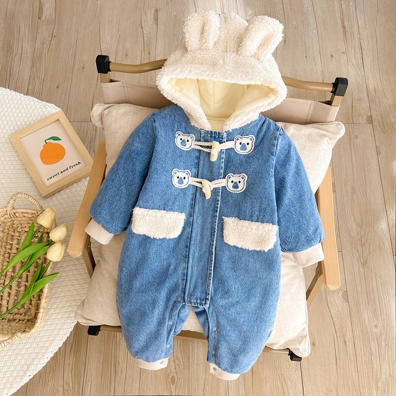 Newborn Thick Denim Long Sleeved Hooded Jumpsuit Romper Crawling Suit For Baby And Kids Clothing