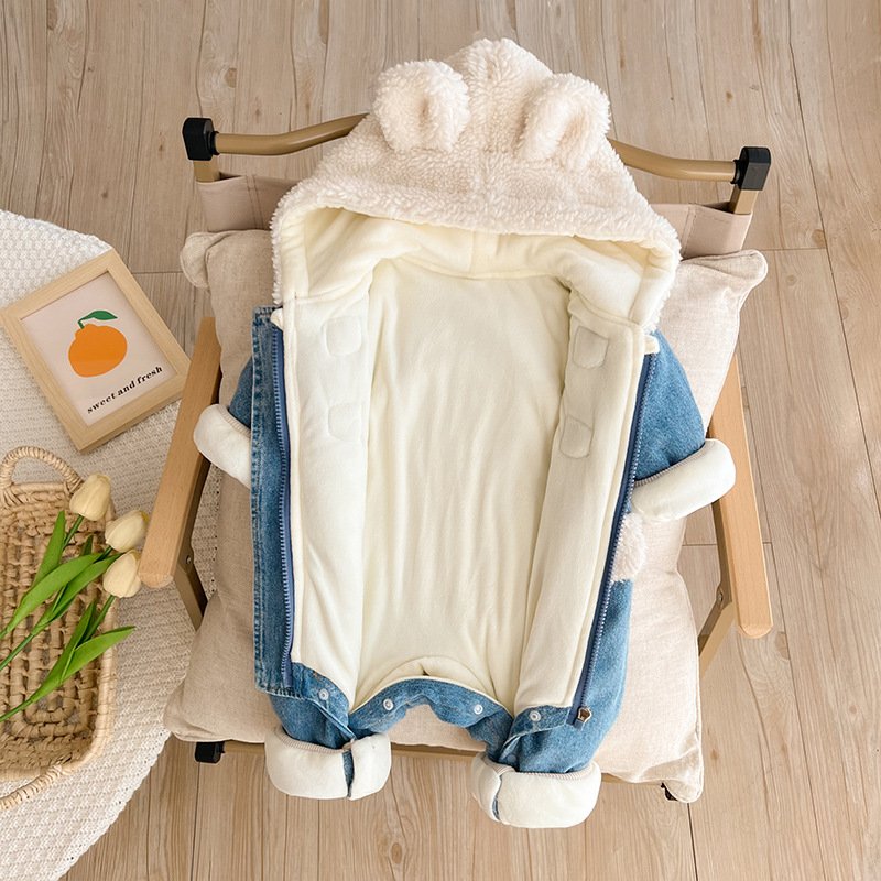 Newborn Thick Denim Long Sleeved Hooded Jumpsuit Romper Crawling Suit For Baby And Kids Clothing