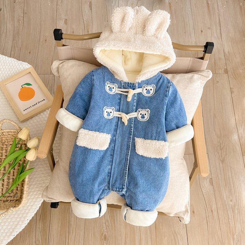 Newborn Thick Denim Long Sleeved Hooded Jumpsuit Romper Crawling Suit For Baby And Kids Clothing