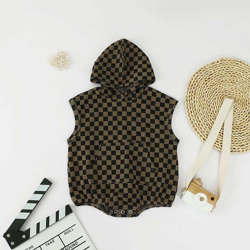 New Trendy Casual Clothes Plaid Design bodysuit Pullover Baby Rompers With Checker Hooded