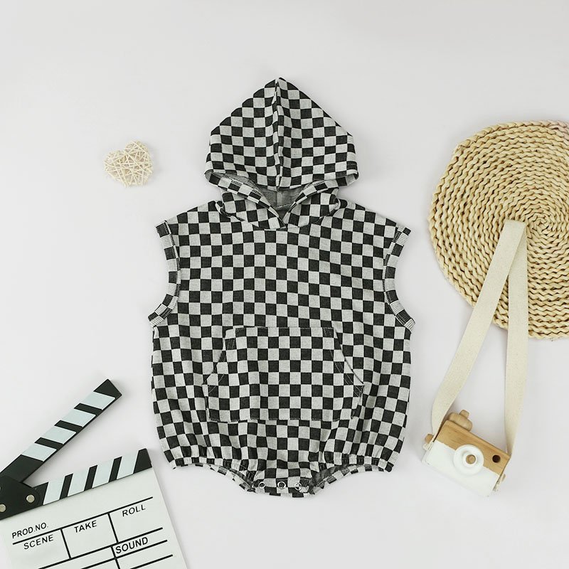 New Trendy Casual Clothes Plaid Design bodysuit Pullover Baby Rompers With Checker Hooded