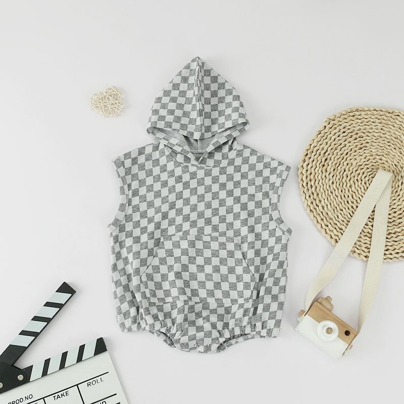 New Trendy Casual Clothes Plaid Design bodysuit Pullover Baby Rompers With Checker Hooded