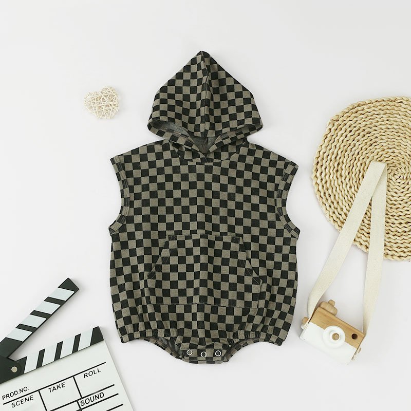 New Trendy Casual Clothes Plaid Design bodysuit Pullover Baby Rompers With Checker Hooded
