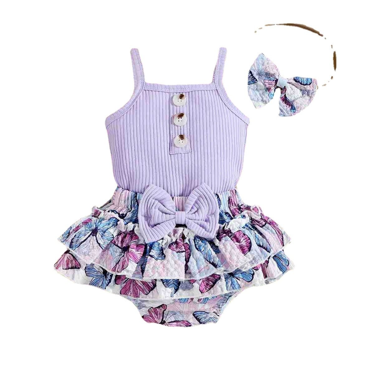 Spring Summer Purple Baby Rompers Baby Girl Sling Top Print Skirt Wrap Hip Shorts Toddler Clothes Outfits