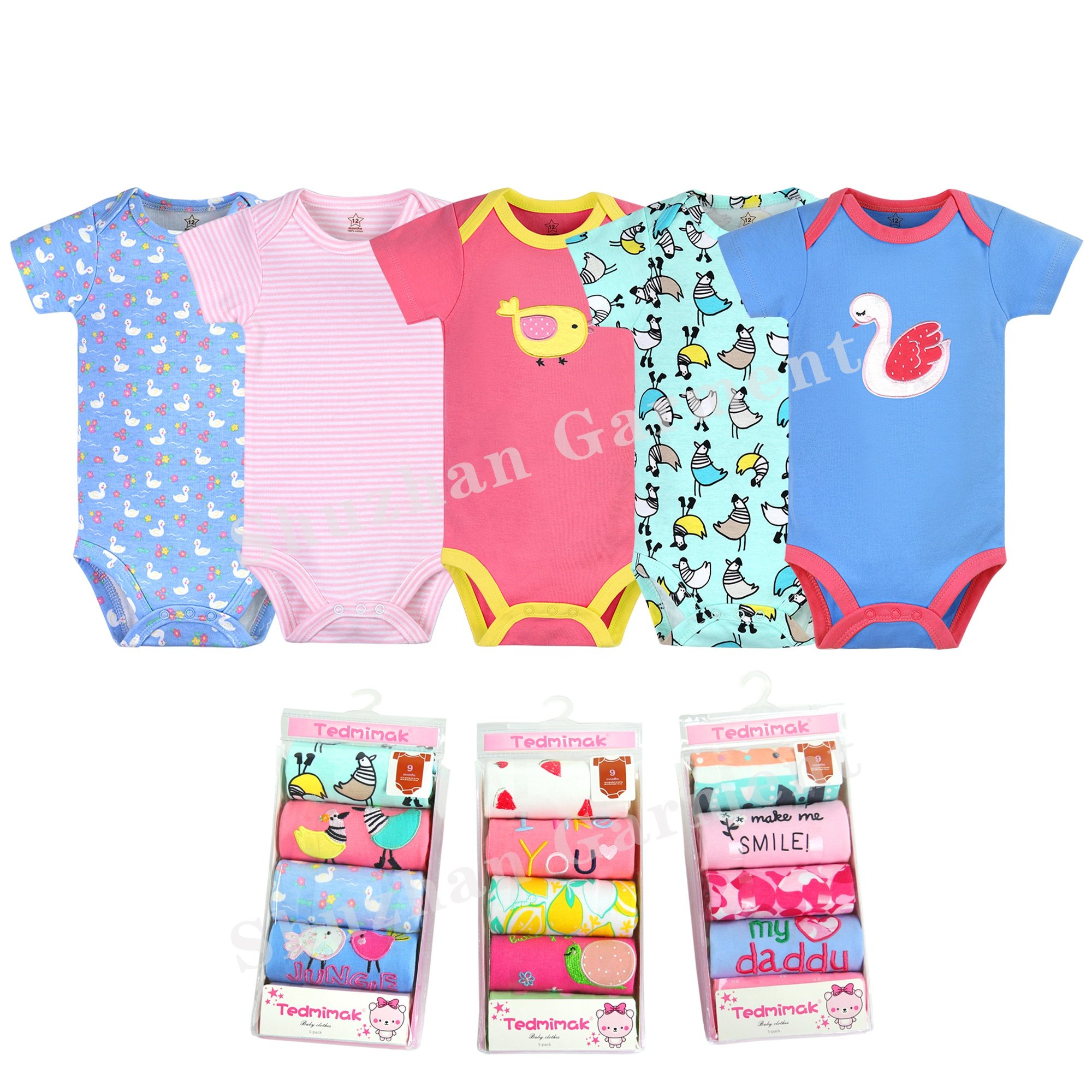 Baby Clothes 0 24 Months Summer Short-Sleeved Rompers Five-piece Ribbed 0-1 Year Old Baby Clothes Printing Romper