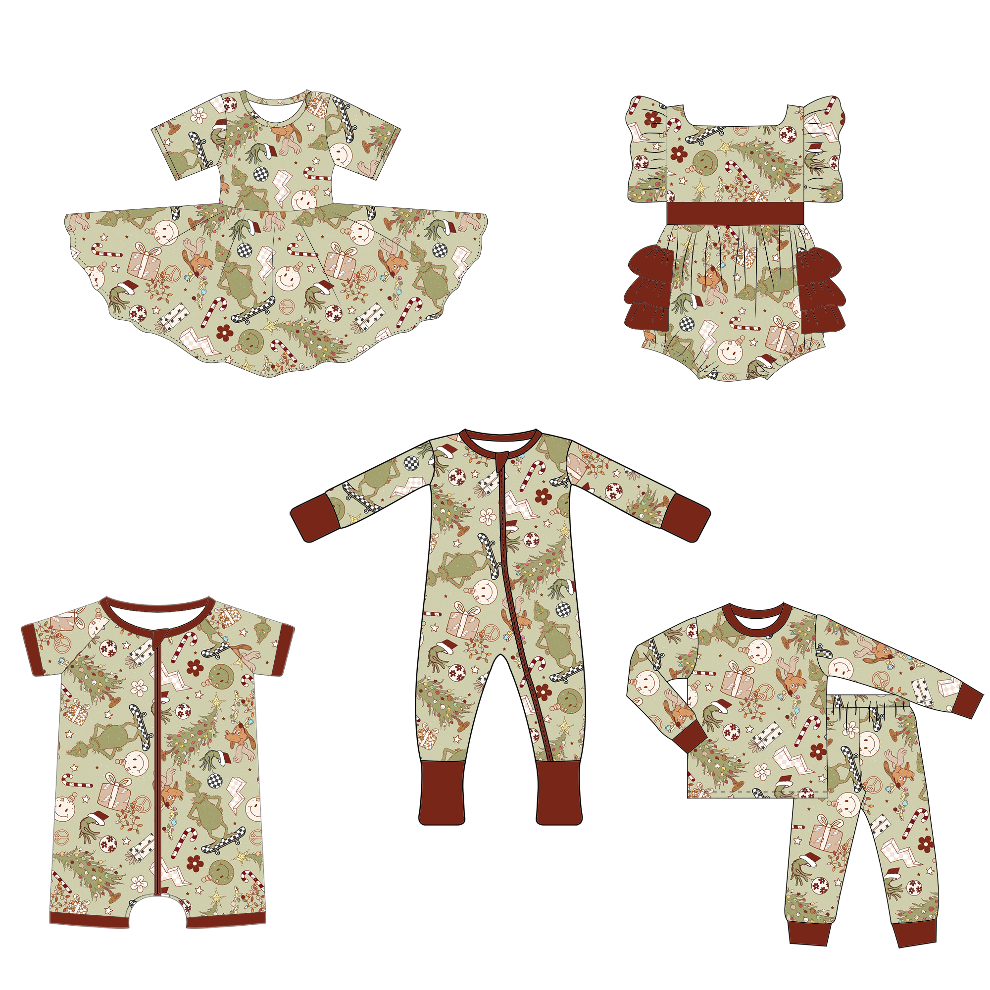 Customized Christmas baby girl infant dress 5-piece bamboo zipper way rompers children sibling matching clothes