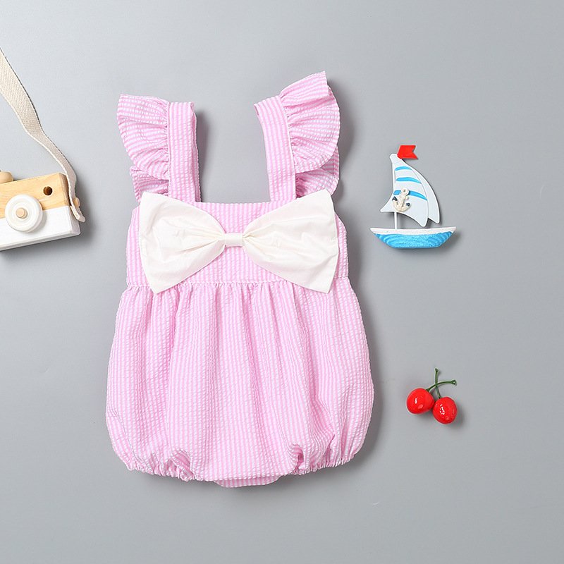 Europe summer striped suspender romper baby girls ruffle romper oem