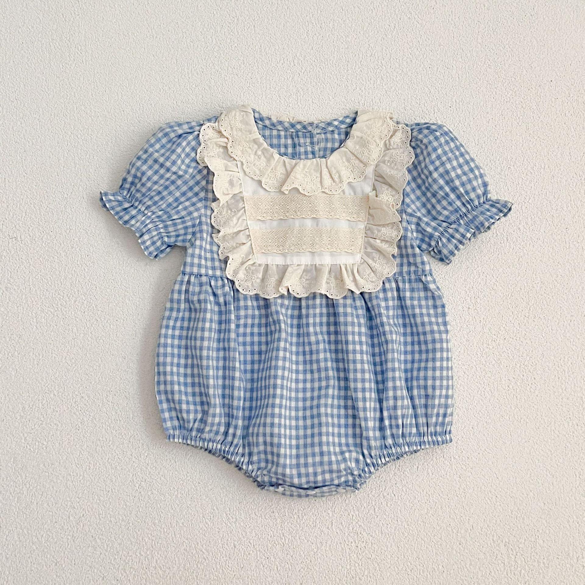 New Summer Baby Plaid Lace Girls Dress Sister Dress Baby Romper