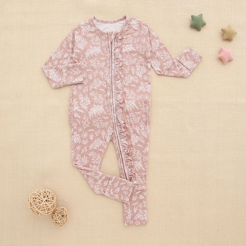 Infant Ruffle Zipper Fold Up Jumpsuits Custom Prints Bamboo Baby Rompers