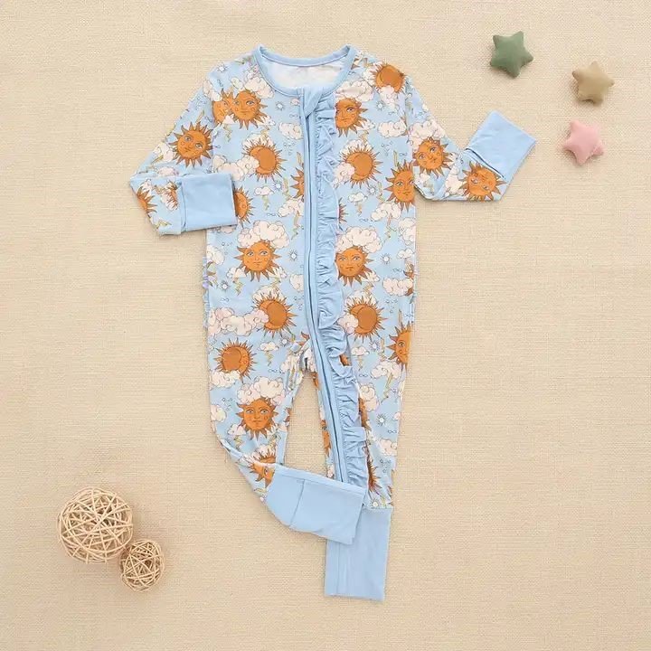 Infant Ruffle Zipper Fold Up Jumpsuits Custom Prints Bamboo Baby Rompers