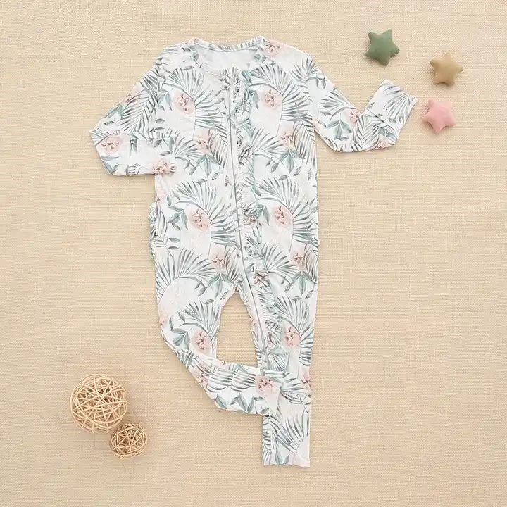 Infant Ruffle Zipper Fold Up Jumpsuits Custom Prints Bamboo Baby Rompers