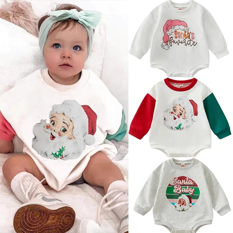 2024 My 1st Christmas Baby Boy Girl Clothes Sweatshirt Sweater Romper Santa Claus Printed Christmas Baby Romper