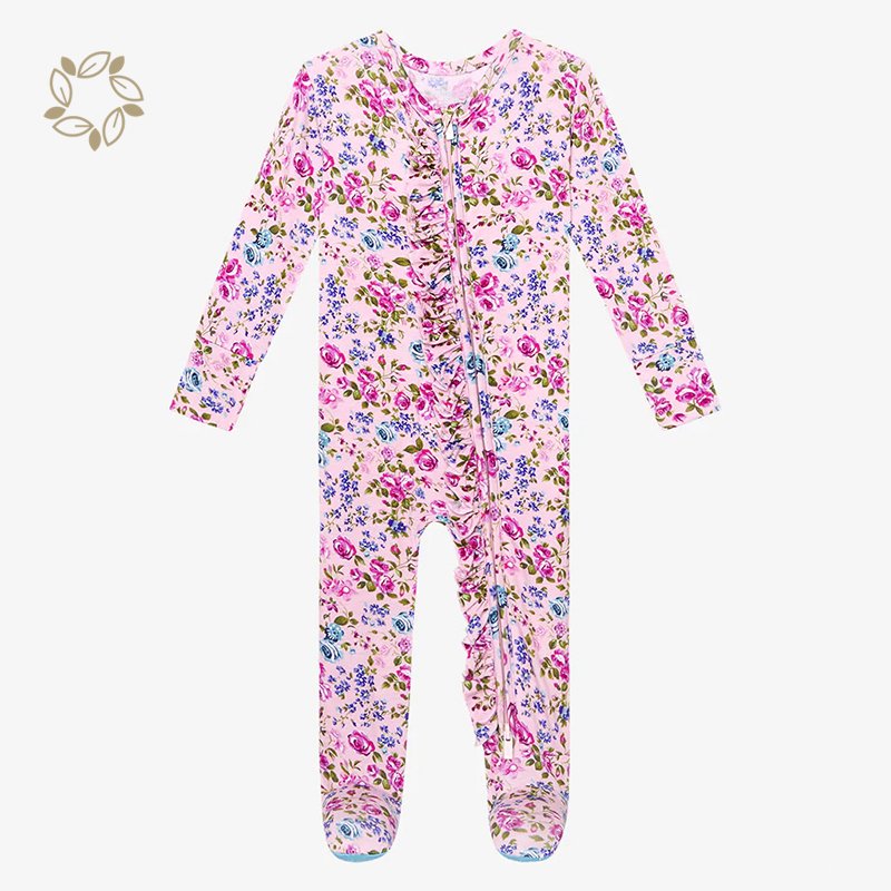 Organic bamboo baby sleepsuit eco friendly footed romper for baby girls onesie sustainable baby girl ruffle romper