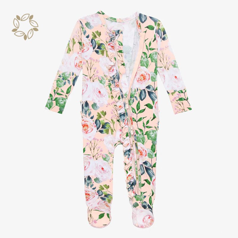 Organic bamboo baby sleepsuit eco friendly footed romper for baby girls onesie sustainable baby girl ruffle romper