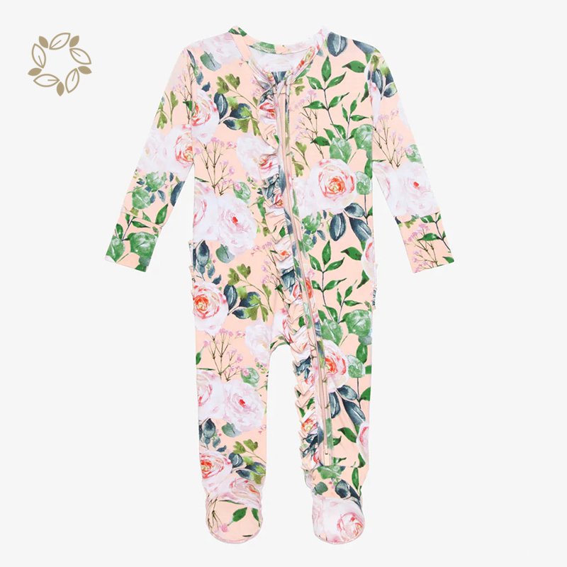 Organic bamboo baby sleepsuit eco friendly footed romper for baby girls onesie sustainable baby girl ruffle romper
