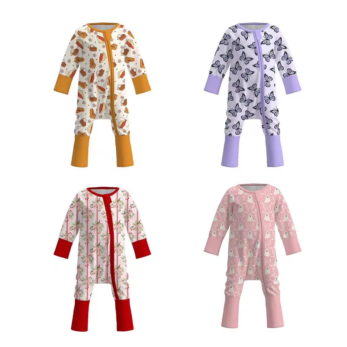 Wholesale Unisex Bamboo Clothing Zip Baby Rompers High Quality Winter Western Style Long Sleeves Printed Baby Boys Girls