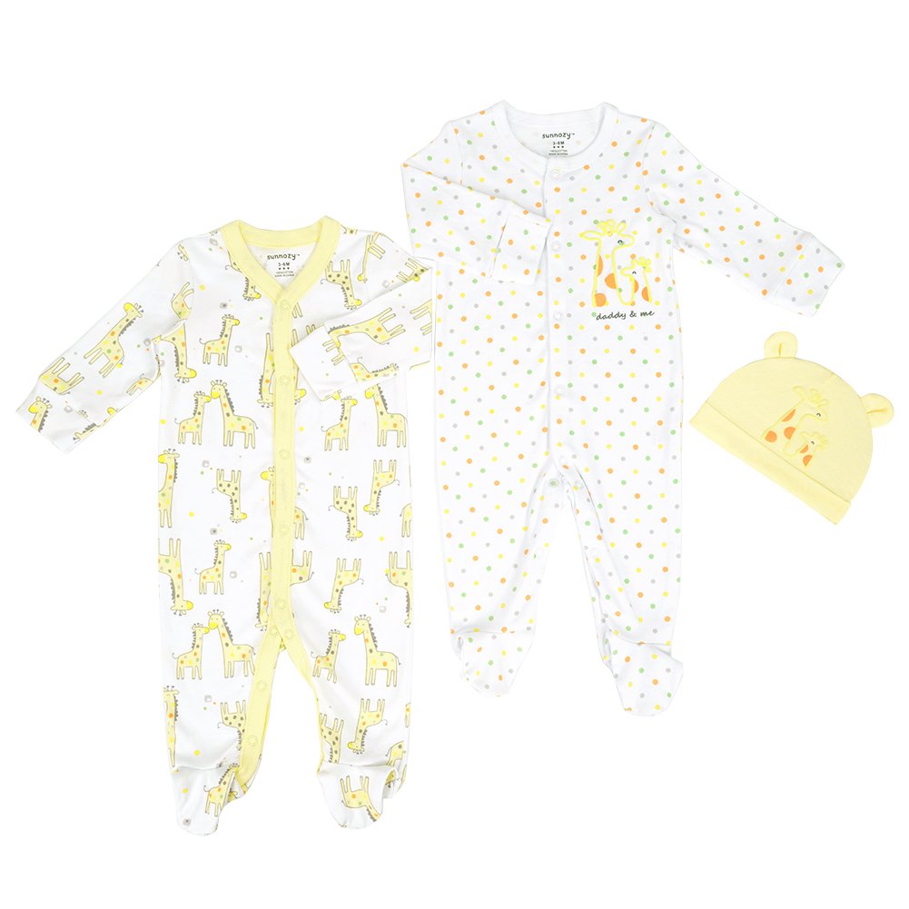 SUNNOZY 100% Cotton Baby Romper and Cap Set 2-Piece Outfit for Newborns