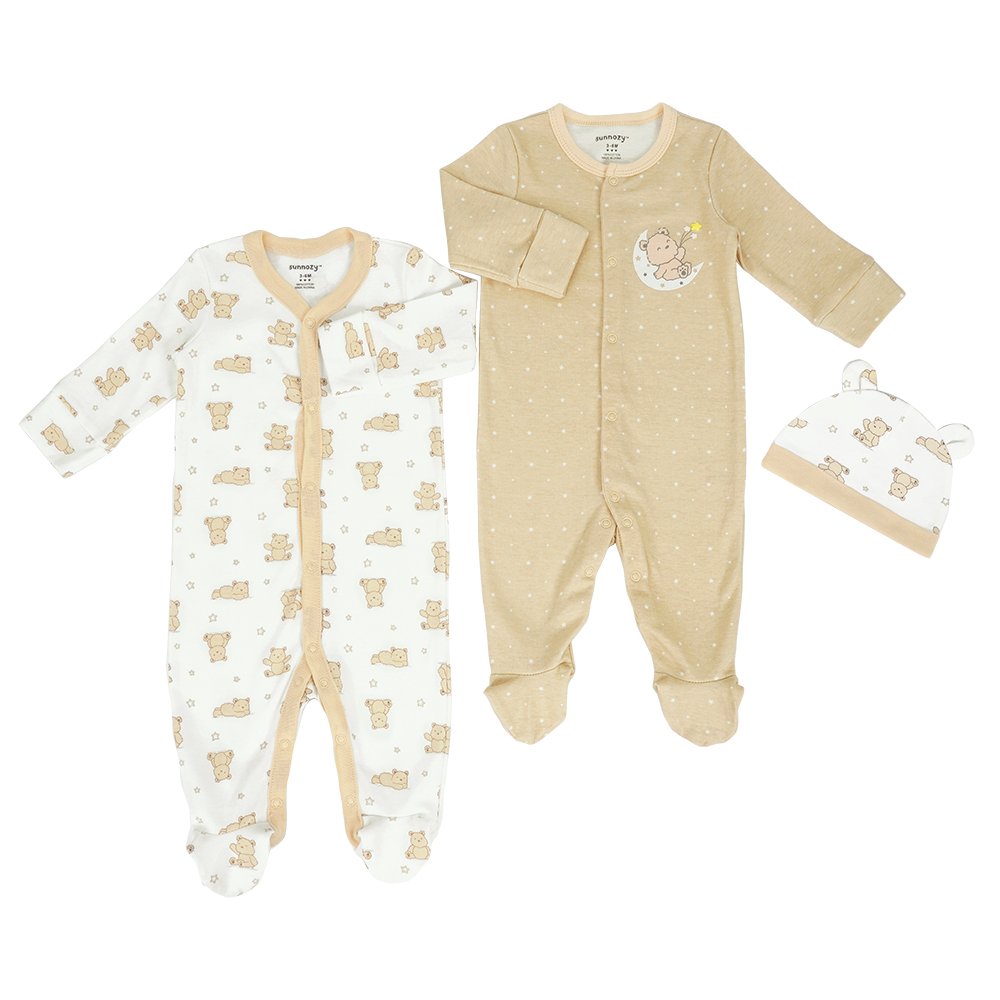 SUNNOZY 100% Cotton Baby Romper and Cap Set 2-Piece Outfit for Newborns