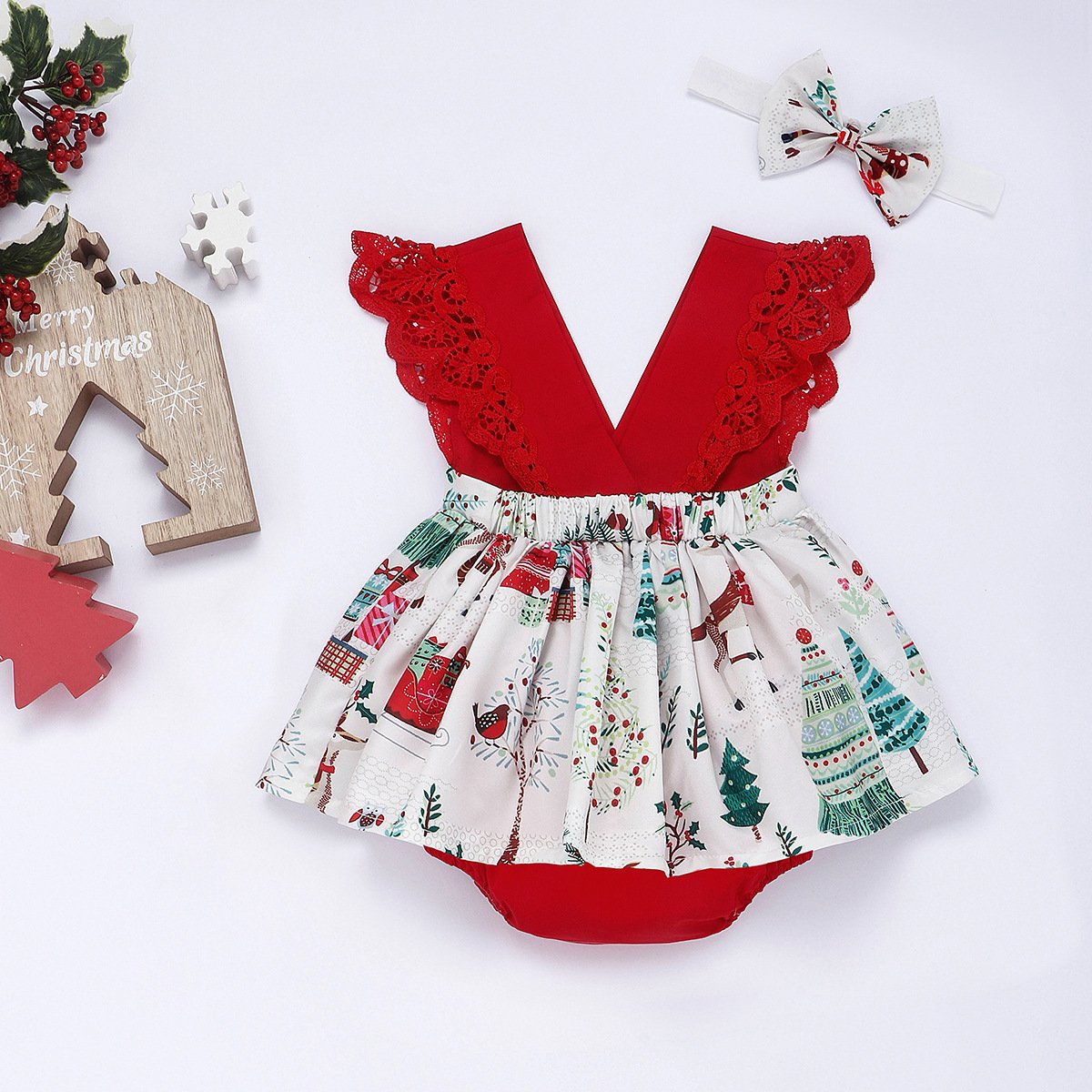 European and American style Christmas baby's bag fart jumpsuit headband children shirt lace dress romper