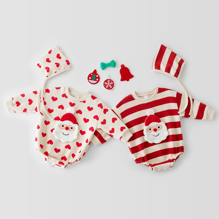 2024 Baby Christmas fleece-lined jumpsuit baby New Year clothes Love New Year romper + hat