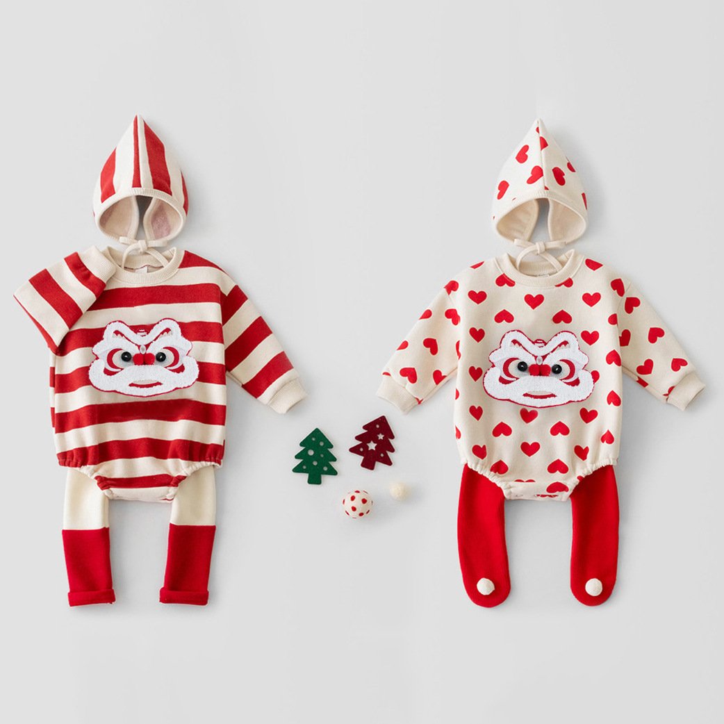 2024 Baby Christmas fleece-lined jumpsuit baby New Year clothes Love New Year romper + hat