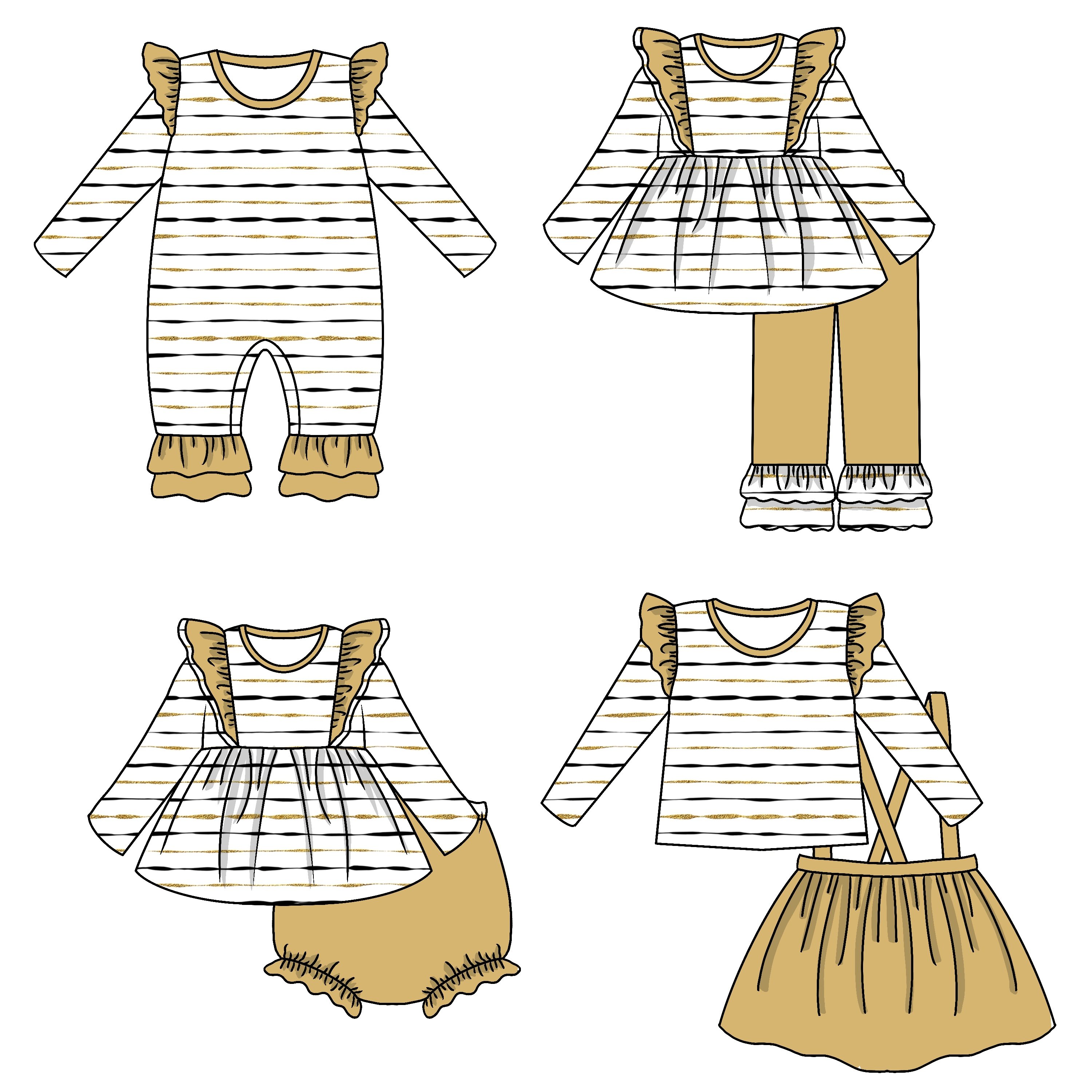 Factory Price New Arrival Custom 4pcs Striped Baby Ruffle Romper Skirt Pants Set For Girls Bloomers