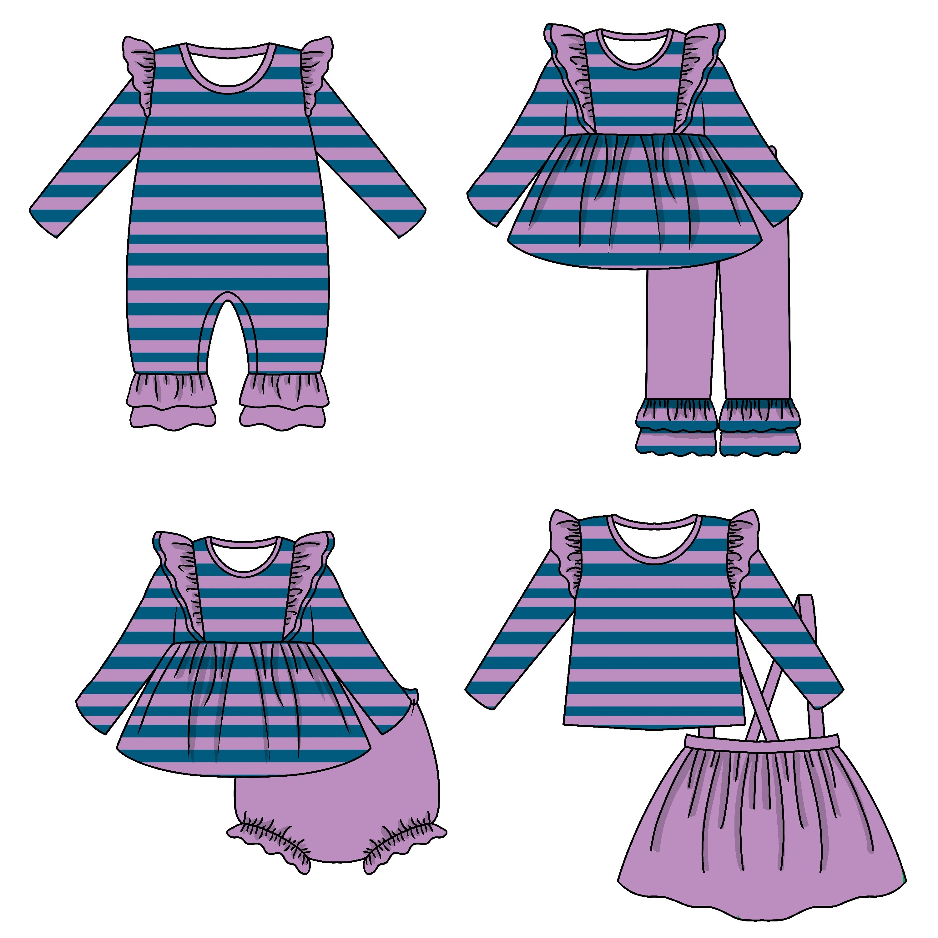 Factory Price New Arrival Custom 4pcs Striped Baby Ruffle Romper Skirt Pants Set For Girls Bloomers