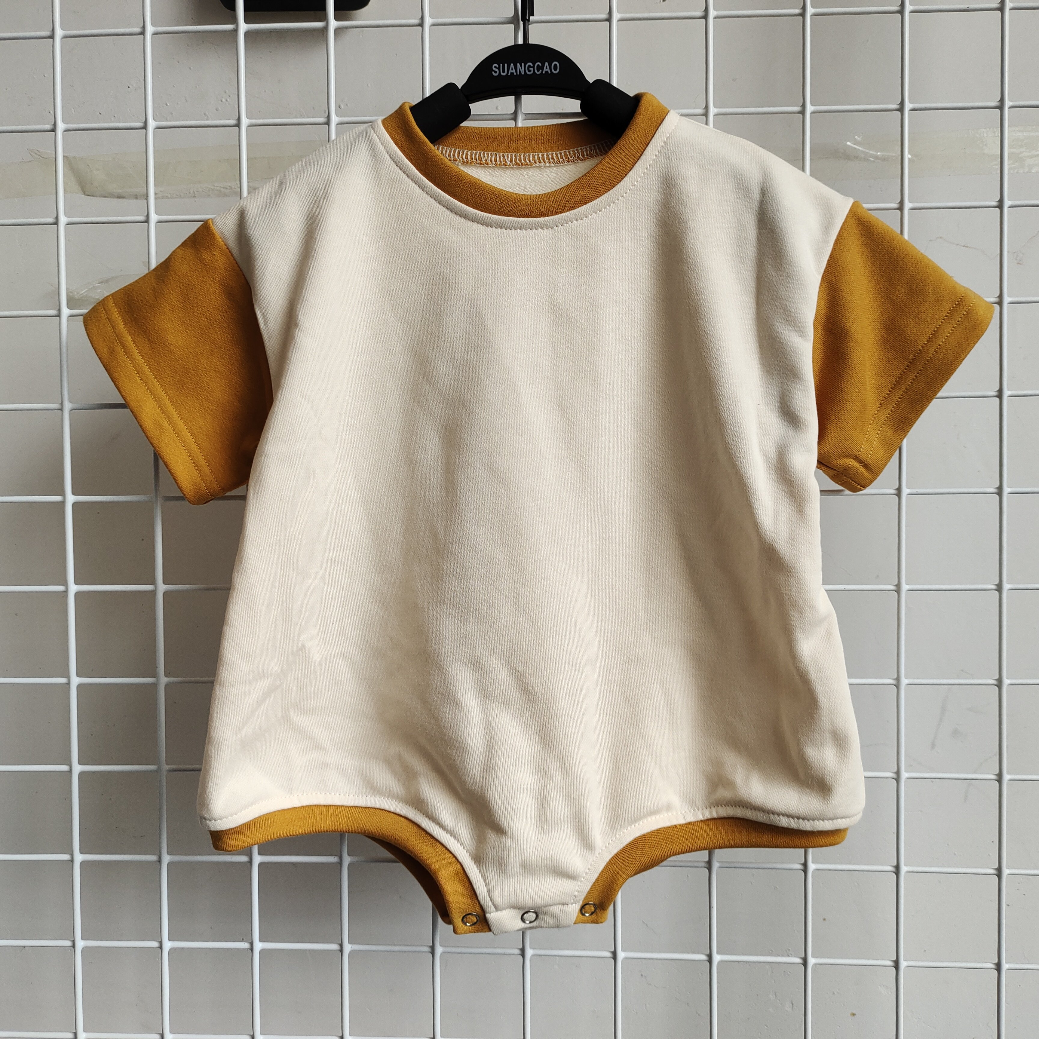 custom baby bubble romper color block cuff romper summer short sleeve baby rompers
