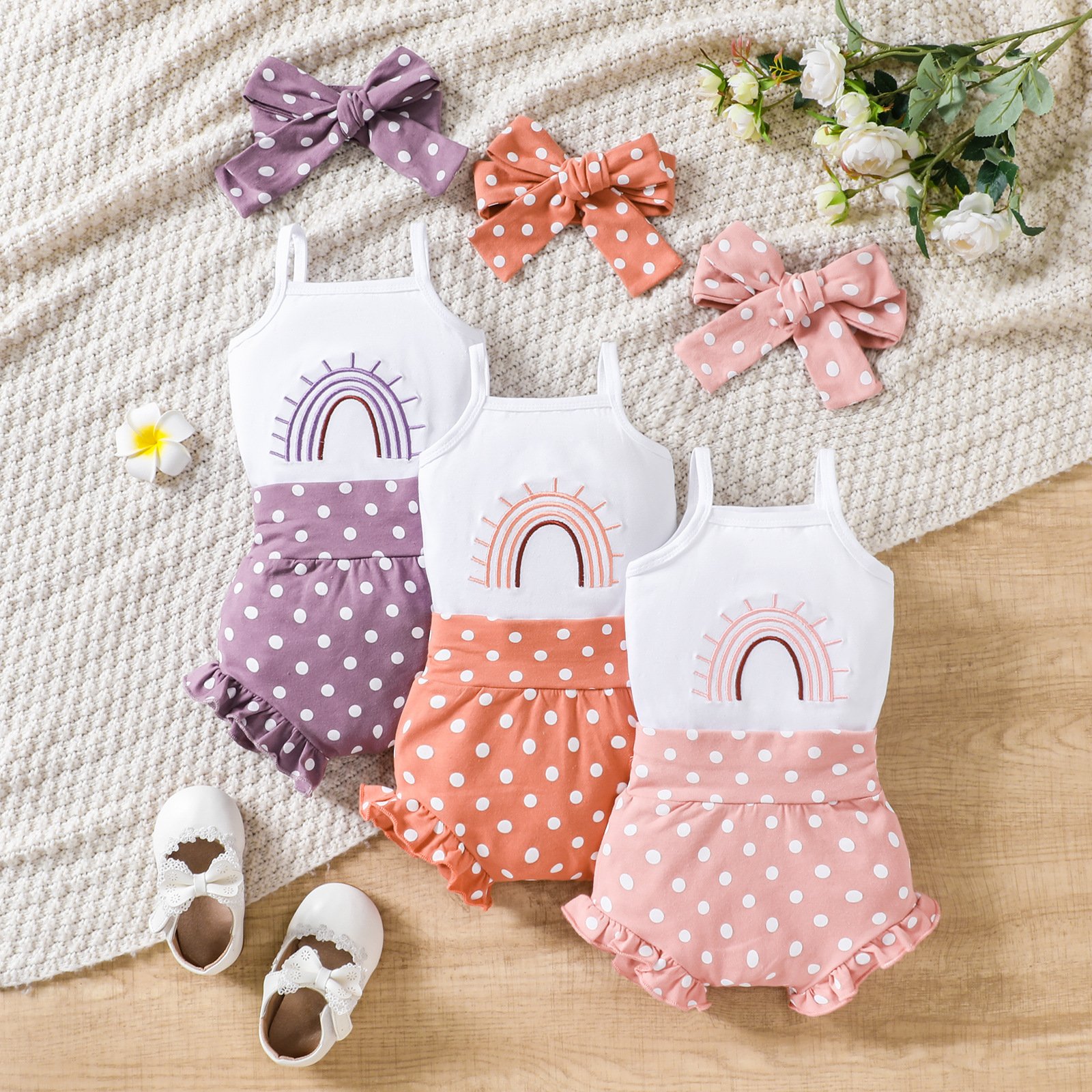 Customized 3 Pieces Baby Girls' Clothing Set Baby Romper and Shorts Set with Bowknot Headband