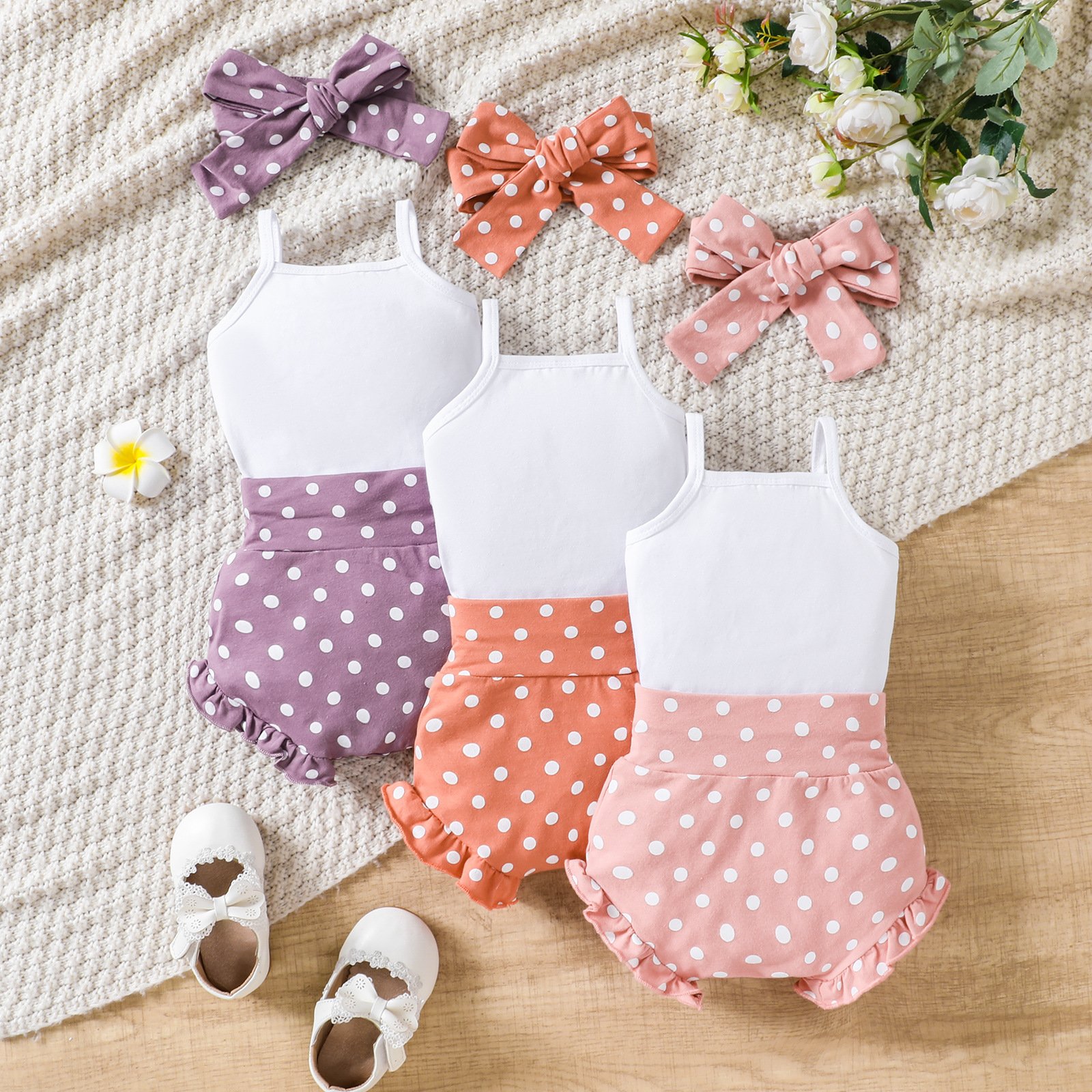 Customized 3 Pieces Baby Girls' Clothing Set Baby Romper and Shorts Set with Bowknot Headband