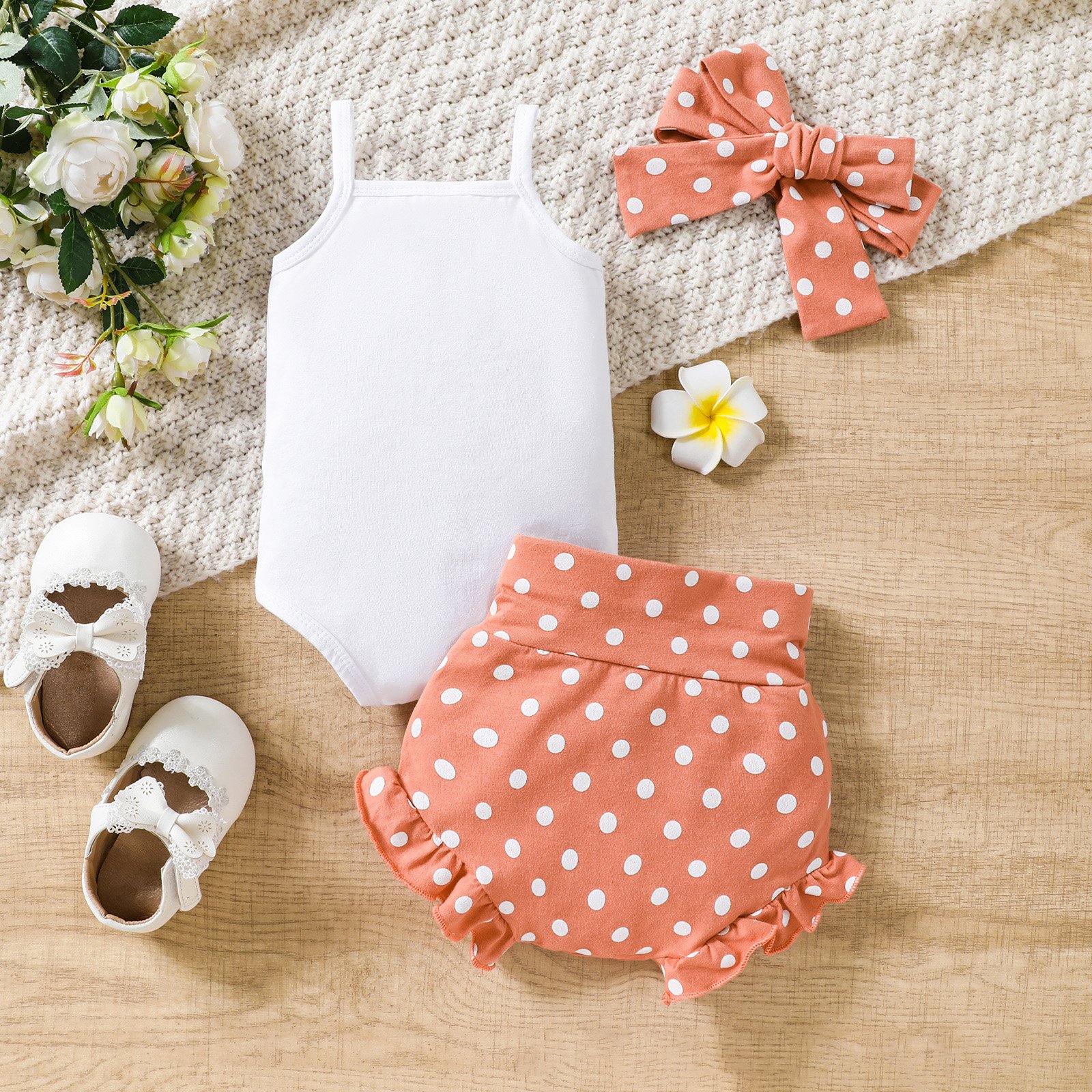 Customized 3 Pieces Baby Girls' Clothing Set Baby Romper and Shorts Set with Bowknot Headband