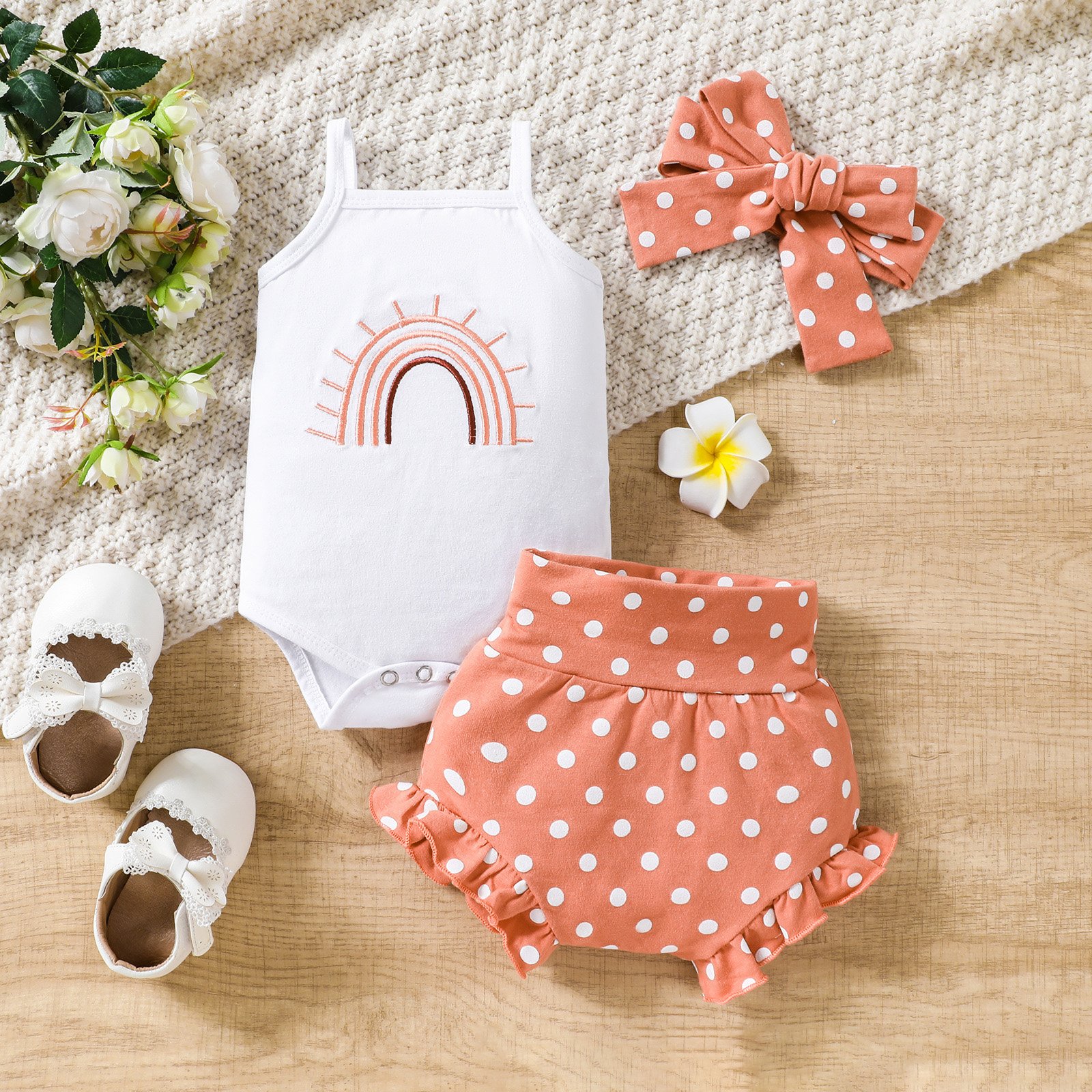 Customized 3 Pieces Baby Girls' Clothing Set Baby Romper and Shorts Set with Bowknot Headband