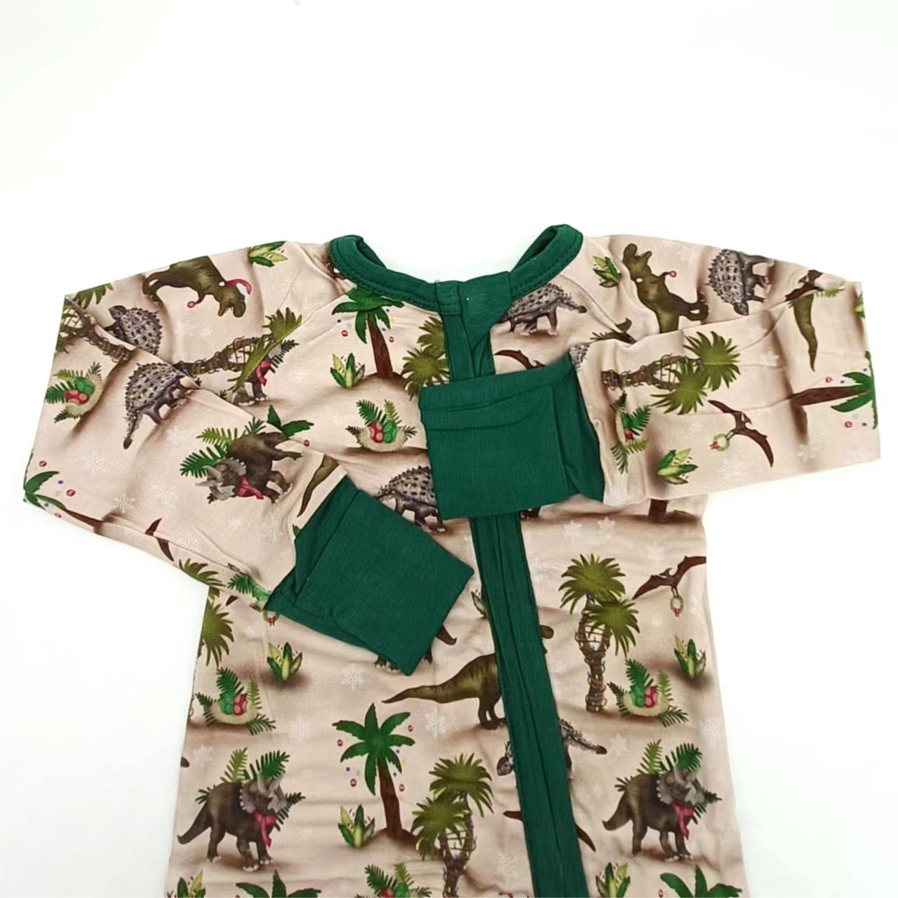high quality cute comfortable soft bamboo cotton dinosaur pattern double zipper customized child romper