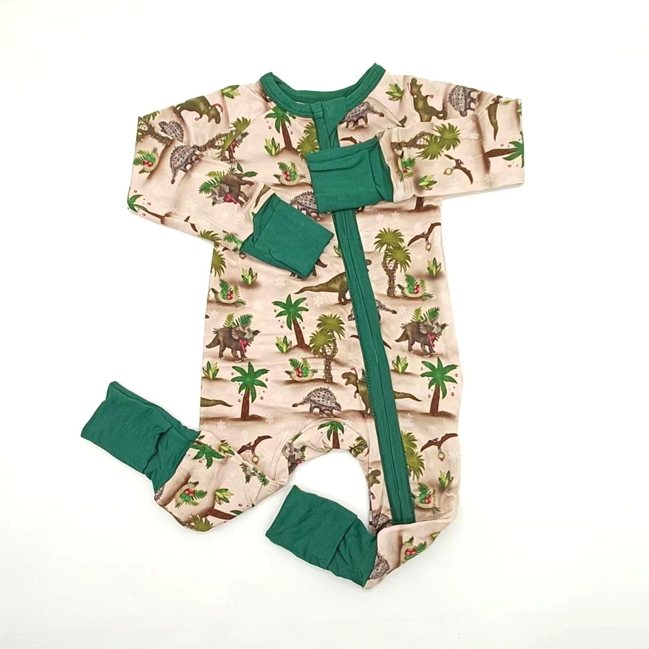 high quality cute comfortable soft bamboo cotton dinosaur pattern double zipper customized child romper