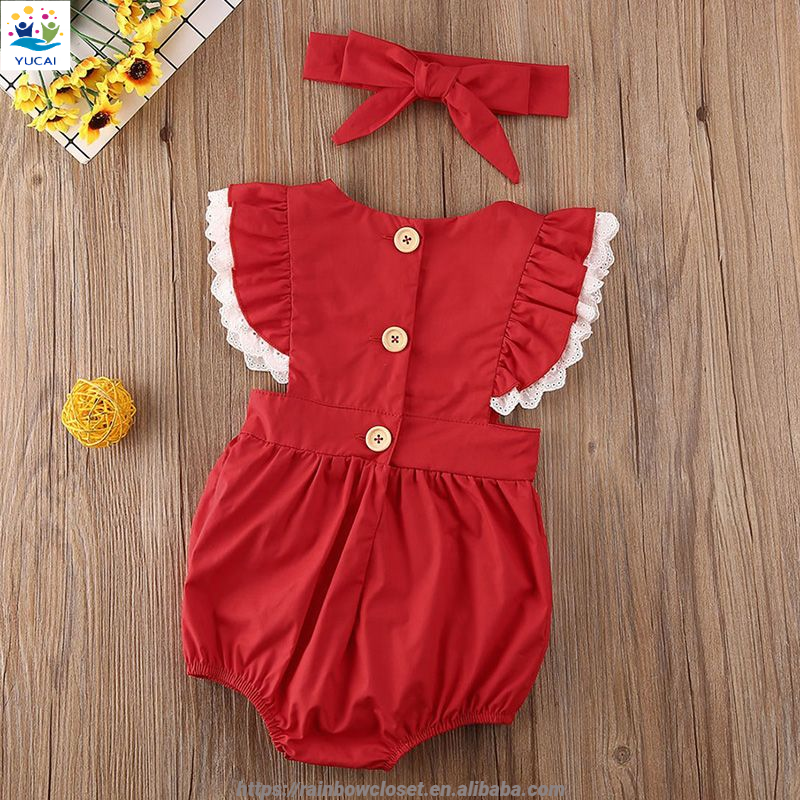 Baby Clothes Lace Ruffles Christmas Bubble Baby Rompers Red with White Customized Logo OEM Service Woven Winter